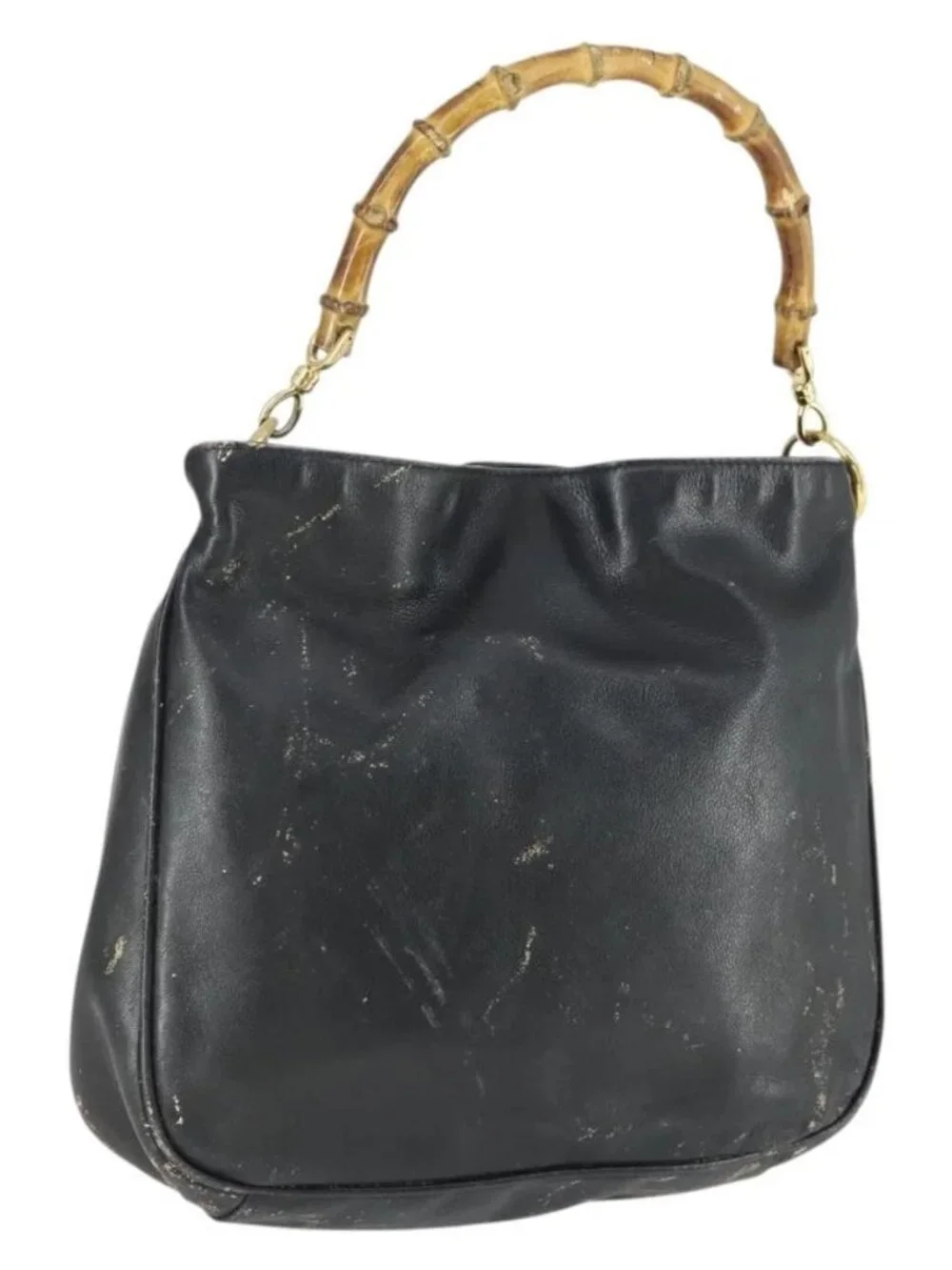 GUCCI Bamboo Hand Bag Leather Black Gold Auth 170494